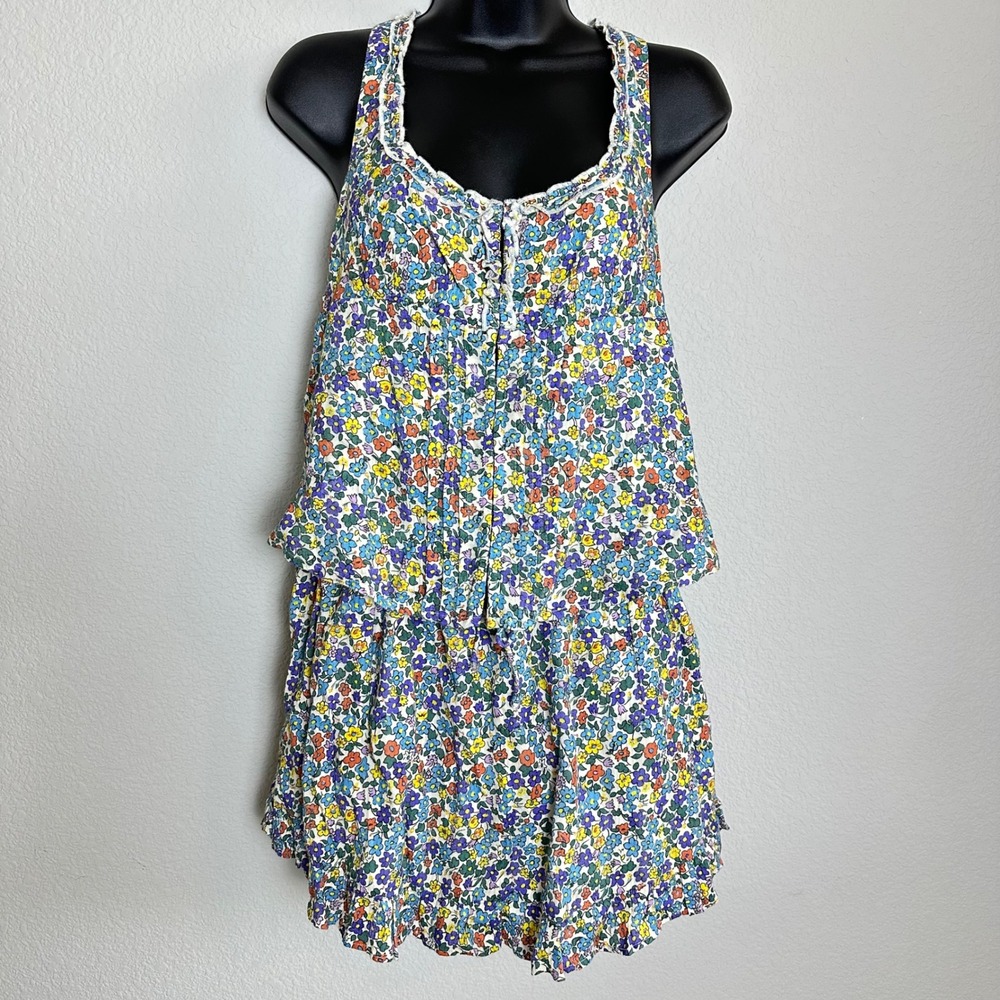 Free People Floral Ellia Two Piece Set Top and Ruffle Skirt Blue Combo Medium